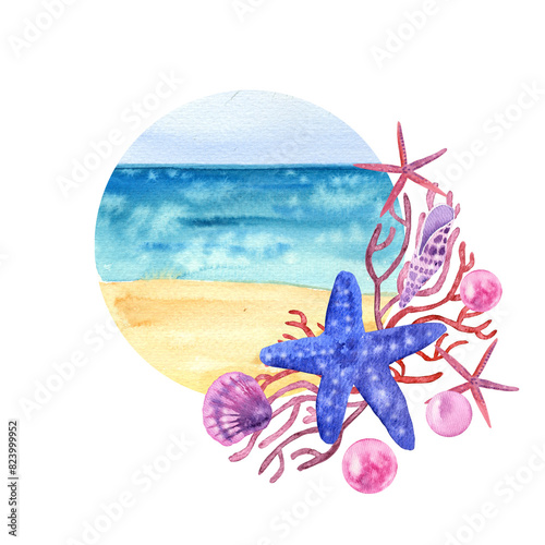 Marine blue starfish, corals, seashell, pink pearls, mollusk, shells, marine beach. Watercolor illustration. Summer. Underwater isolated background. For fabric, wrapping, wallpaper decoration, card