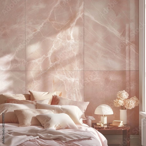 A serene bedroom designed with a headboard wall of pink marble  the natural variations in the stone creating a soft  dreamy backdrop for restful nights.
