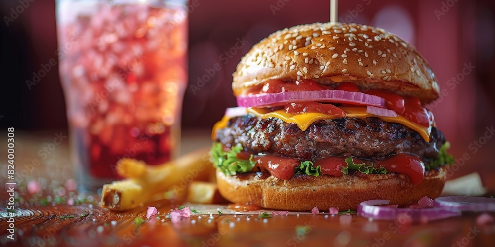 Closeup shot of a hamburger on a wooden cutting board