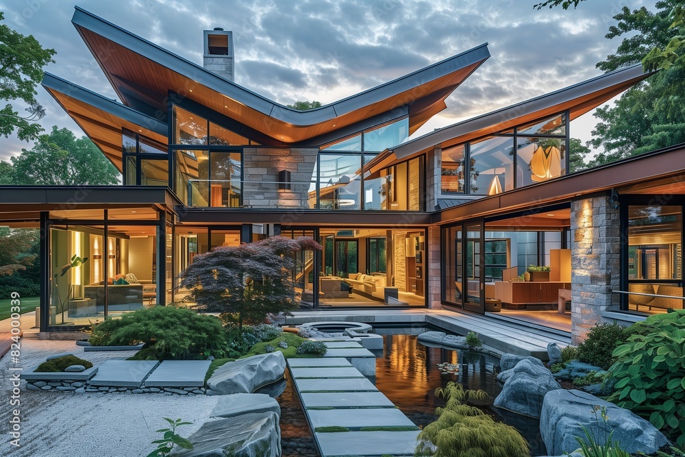 : A contemporary suburban house with a striking butterfly roof, large glass walls, and a mix of natural stone and wood finishes, surrounded by a zen garden.