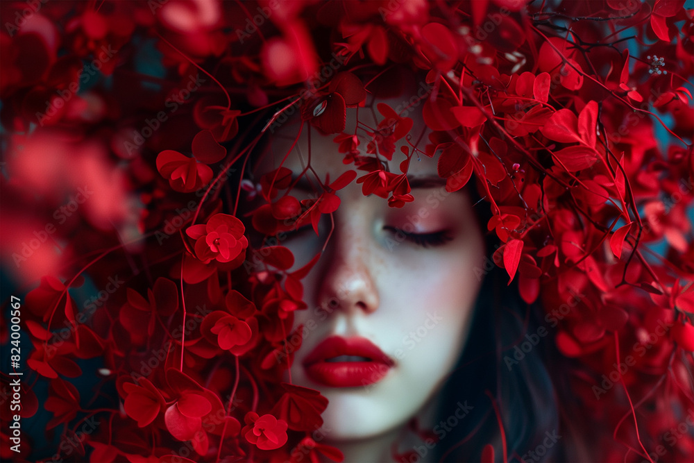 portrait of a woman with red leaves