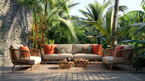 A tropical outdoor lounge with a bamboo sofa set, palm trees, and colorful outdoor cushions for a resort-like atmosphere. realistic photo