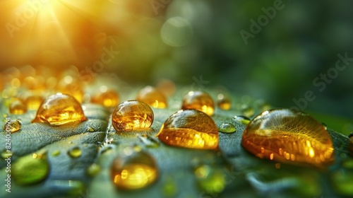 A macro shot of a leaf with water droplets and sunlight filtering through it