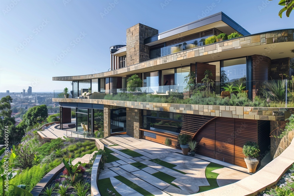 : A contemporary suburban house with a curved facade, extensive use of natural stone and timber, and a rooftop terrace offering panoramic views of the cityscape. : A contemporary suburban house with a curved facade, extensive use of natural stone and timber, and a rooftop terrace offering panoramic views of the cityscape.