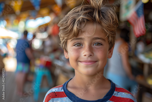  Young boy in an american flag shirt in an outdoor 4th of July barbecue party  © AISTEL