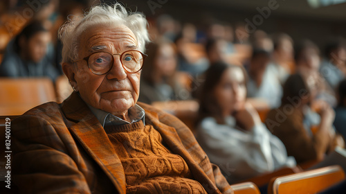 A elderly man inside of theather