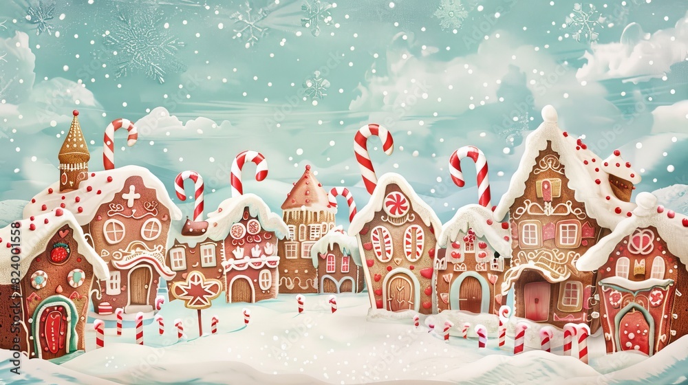 Whimsical gingerbread village with candy cane fences illustration for christmas designs