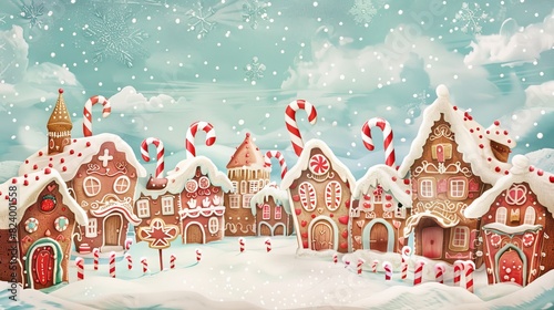 Whimsical gingerbread village with candy cane fences illustration for christmas designs