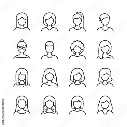 Women, linear style icons. Female faces with different hairstyles and images. Avatars. Variety of hairstyles and styles. Editable stroke width.
