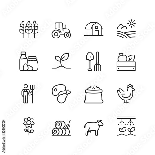 Agriculture and Farming, linear style icon set. Farm, crops, livestock, machinery and rural scenery. Planting to harvesting yields. Farmer, produce and the cultivation lifestyle. Editable stroke width