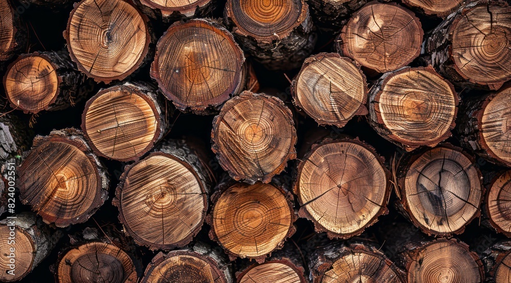 Closeup of stacked wood in the forest, seamless texture for design and decoration, natural material background Closeup of stacked wood in the forest, seamless texture for design and decoration, natural material background