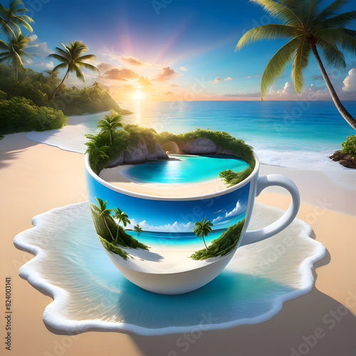 A cup of coffee on the beach with palm trees, concept art