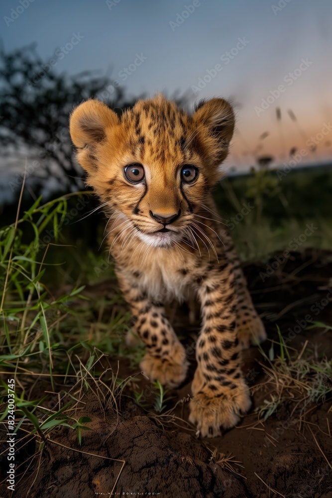Obraz premium Closeup of Cheetah Cub at Sunset in Savanna, Playful Young Wildlife