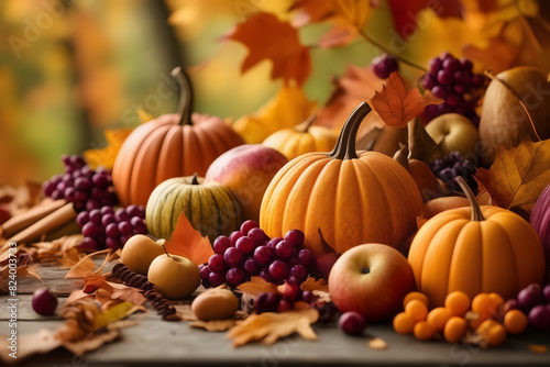 A vibrant Thanksgiving scene  abundant organic fruit  fallen leaves in Indian summer hues.