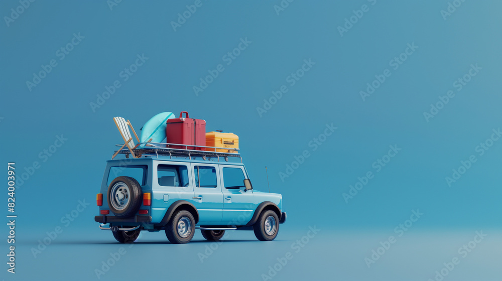 A blue car with luggage on top of it A blue car with luggage on top of it