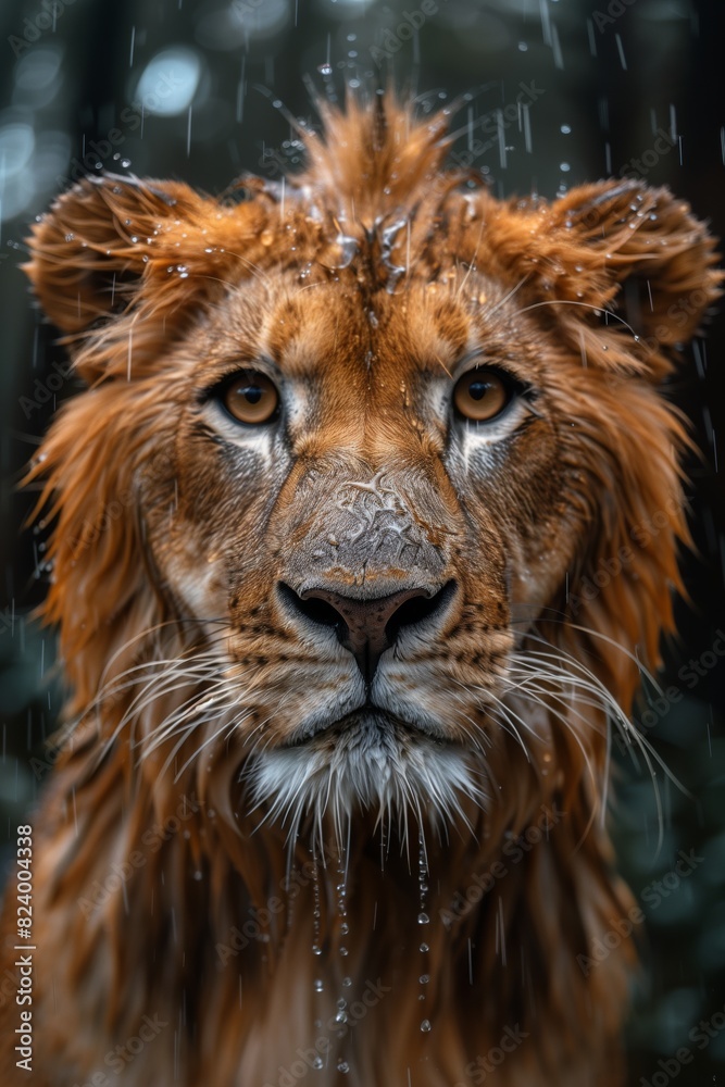 Closeup of Lion in Rain with Wet Fur and Intense Gaze, Majestic Wildlife Scene