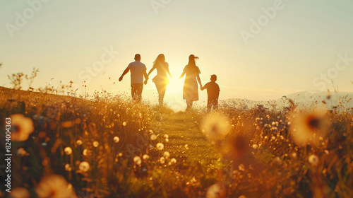 Happy family in summer  mother  father  children son and daughter on nature  