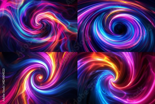   A mesmerizing swirl of vibrant neon colors  seamlessly blending into each other  creating an abstract fluid motion effect against a dark backdrop 