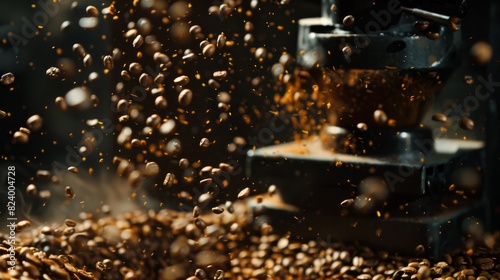 A dynamic scene of fried coffee beans dramatically falling into a manual grinder, captured in cinematic dark tones