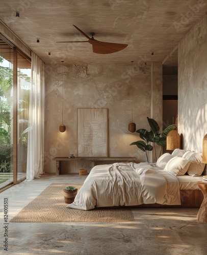 A minimalist bedroom with neutral tones, featuring an elegant bed and wall art, large windows showing the garden outside, soft lighting from lamps on side tables, creating a tranquil atmosphere.