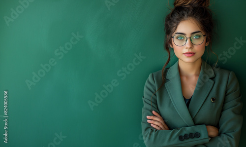 Woman in Glasses With Green Background.