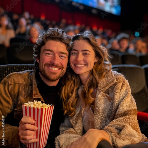 photo of a couple on a date, sitting in a cinema, eating popcorn and having fun while watching a movie,