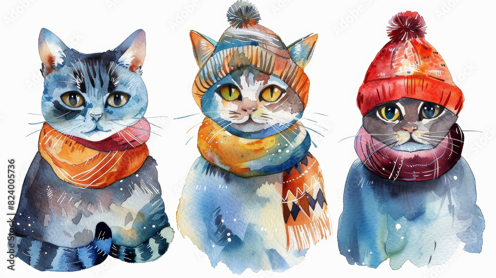 Fototapeta premium Vibrant set of quirky, watercolorpainted cats with expressive eyes on a white background