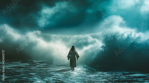 Jesus walks on the waters of the sea in the middle of a storm Biblical theme concept. Generative AI