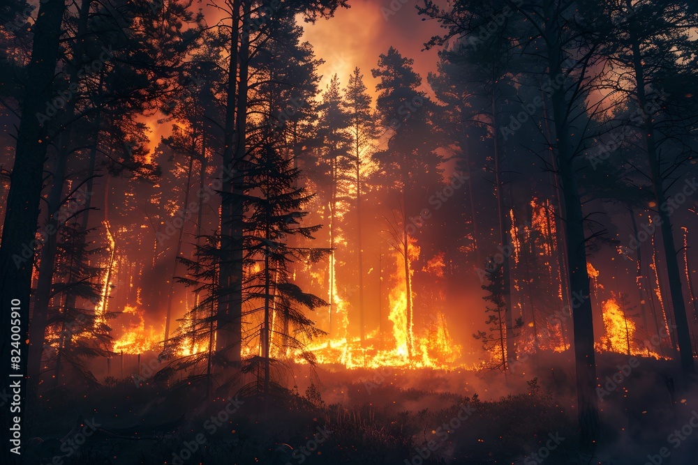 Forest fire spreading at night. Climate change and global warming. Natural disaster and wildfire concept. Design for banner, poster Forest fire spreading at night. Climate change and global warming. Natural disaster and wildfire concept. Design for banner, poster