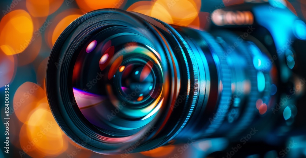 Closeup of video camera lens with bokeh effect, representing the artistry and technology behind professional film production Closeup of video camera lens with bokeh effect, representing the artistry and technology behind professional film production