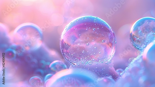   A bunch of soap bubbles floating against a blue-pink backdrop, bathed in a diffused light originating above them photo
