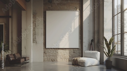 A mockup of a blank square photo frame hanging in the middle of wall with Industrial, urban, loftstyle decoration in Room Captured in the style of architectural., photo