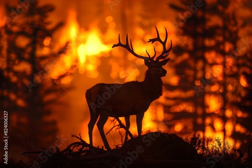 Deer in forest fire. Climate change and global warming. Natural disaster and wildfire concept. Design for banner, poster © dreamdes