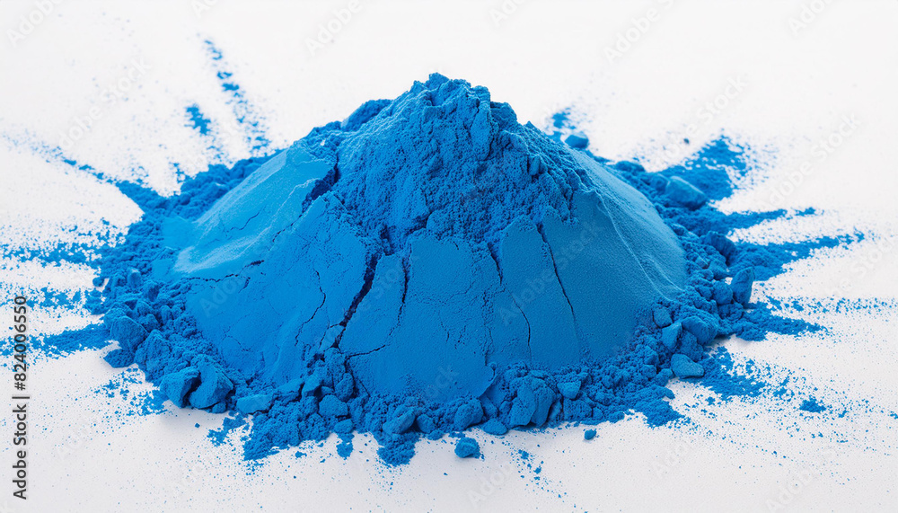 Fototapeta premium Heap of bright blue powder isolated on white background. Make up eye shadow, cosmetic product.