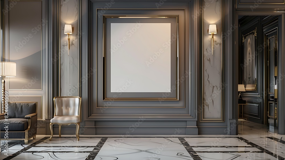 Fototapeta premium A mockup of a blank square photo frame hanging in the middle of wall with Art Deco, glamorous, sophisticated decoration in Room Captured in the style of architectural photography.,