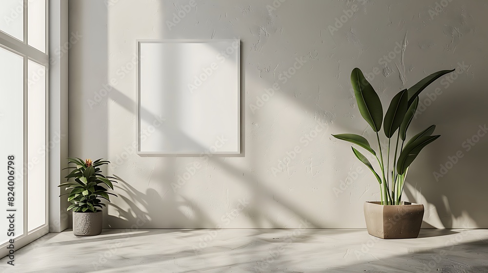 A mockup of a blank square photo frame hanging in the middle of wall with Contemporary, sleek, geometric decoration in Room Captured in the style of architectural photography., A mockup of a blank square photo frame hanging in the middle of wall with Contemporary, sleek, geometric decoration in Room Captured in the style of architectural photography.,