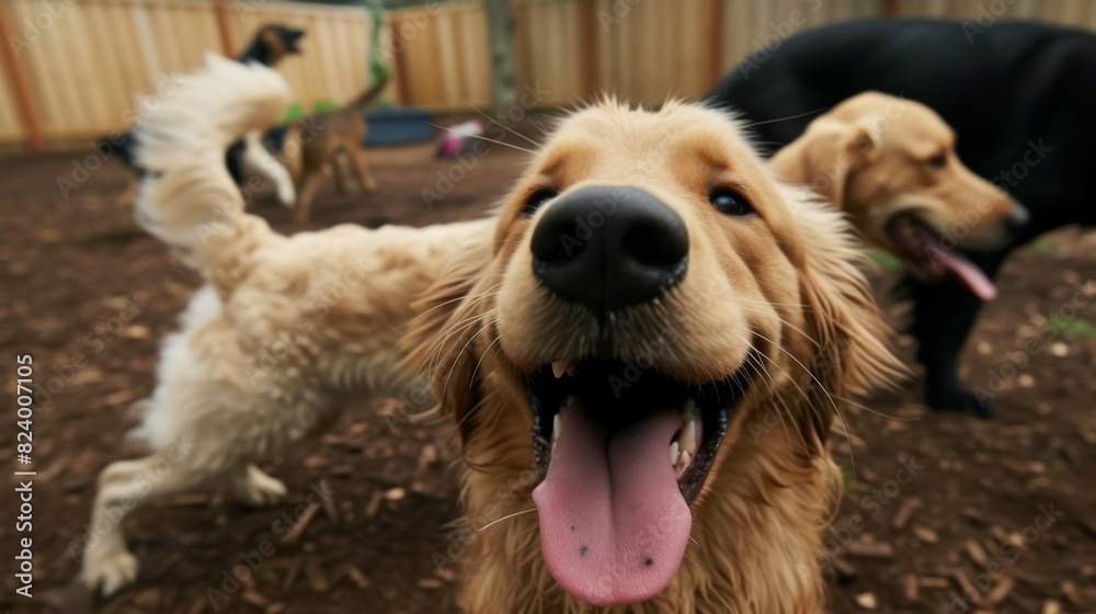 An exuberant golden retriever puppy fills the frame, tongue out, with playful dogs in a fenced yard.