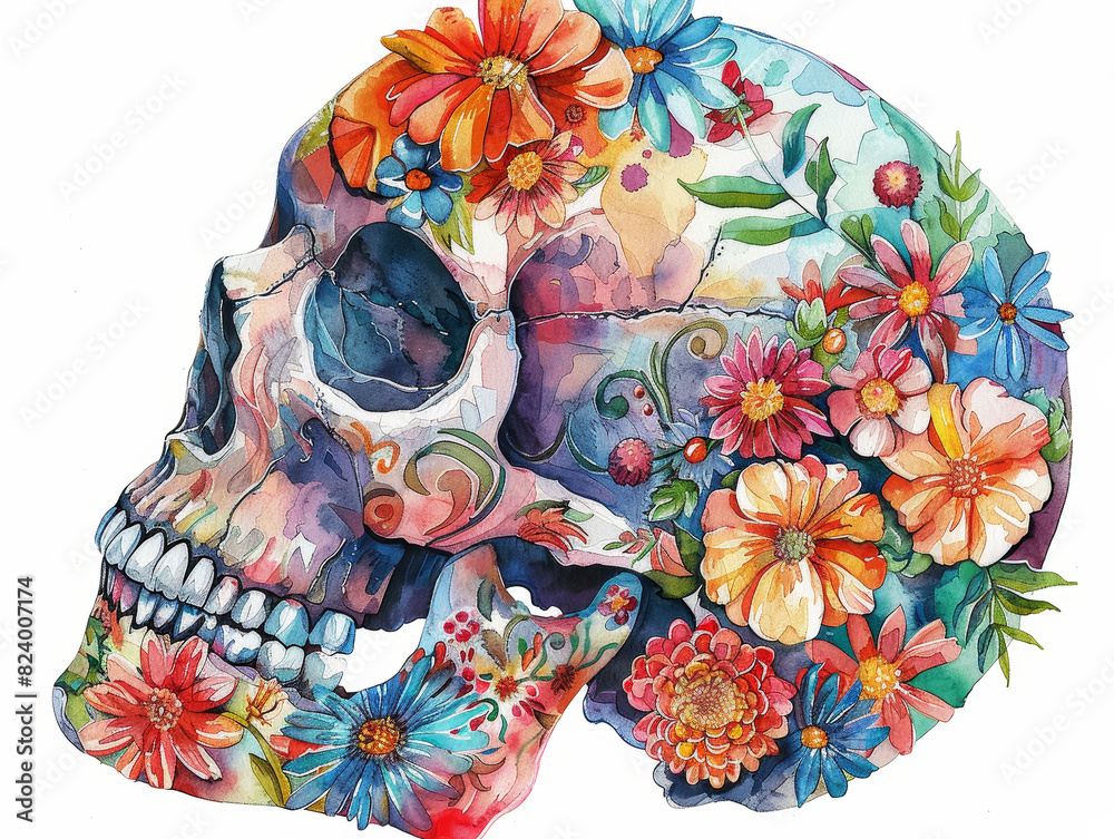 Artistic bohostyle skull adorned with vibrant watercolor flowers against a white background