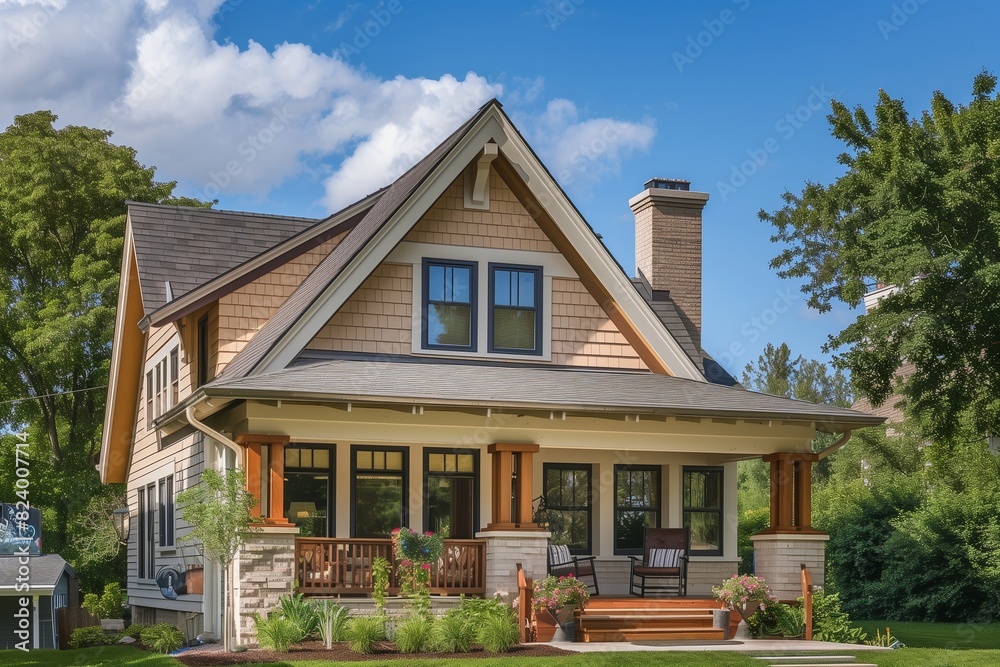 : A quaint suburban house with a Craftsman design, featuring a low-pitched roof, wide eaves, and a charming front porch with handcrafted details. : A quaint suburban house with a Craftsman design, featuring a low-pitched roof, wide eaves, and a charming front porch with handcrafted details.