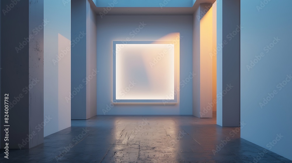 A mockup of a blank square photo frame hanging in the middle of wall with Translucent, illuminated, futuristic, ethereal decoration in Room Captured in the style of architectural photography., A mockup of a blank square photo frame hanging in the middle of wall with Translucent, illuminated, futuristic, ethereal decoration in Room Captured in the style of architectural photography.,
