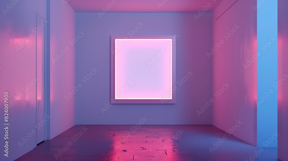 A mockup of a blank square photo frame hanging in the middle of wall with Translucent, illuminated, futuristic, ethereal decoration in Room Captured in the style of architectural photography., A mockup of a blank square photo frame hanging in the middle of wall with Translucent, illuminated, futuristic, ethereal decoration in Room Captured in the style of architectural photography.,