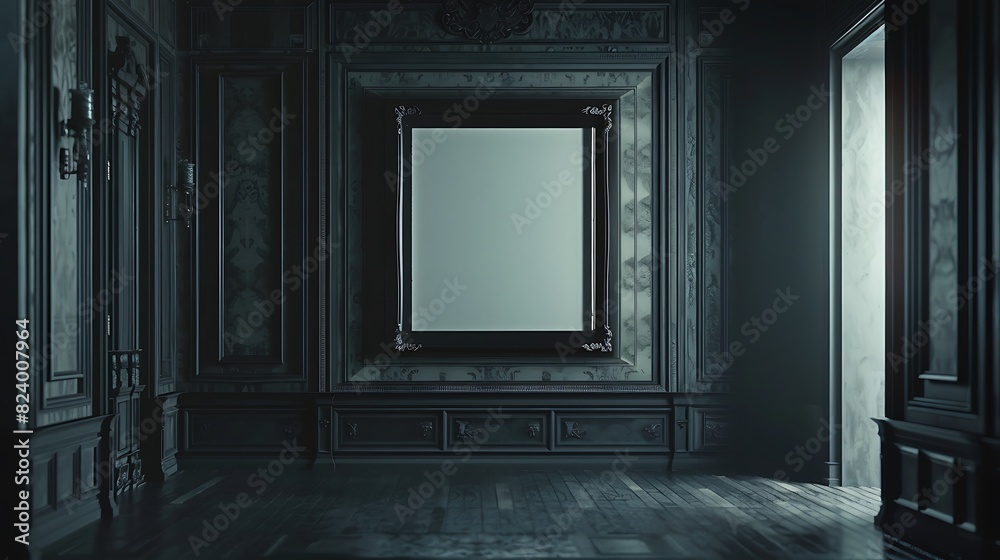 A mockup of a blank square photo frame hanging in the middle of wall with Gothic, dark, mysterious decoration in Room Captured in the style of architectural photography., A mockup of a blank square photo frame hanging in the middle of wall with Gothic, dark, mysterious decoration in Room Captured in the style of architectural photography.,