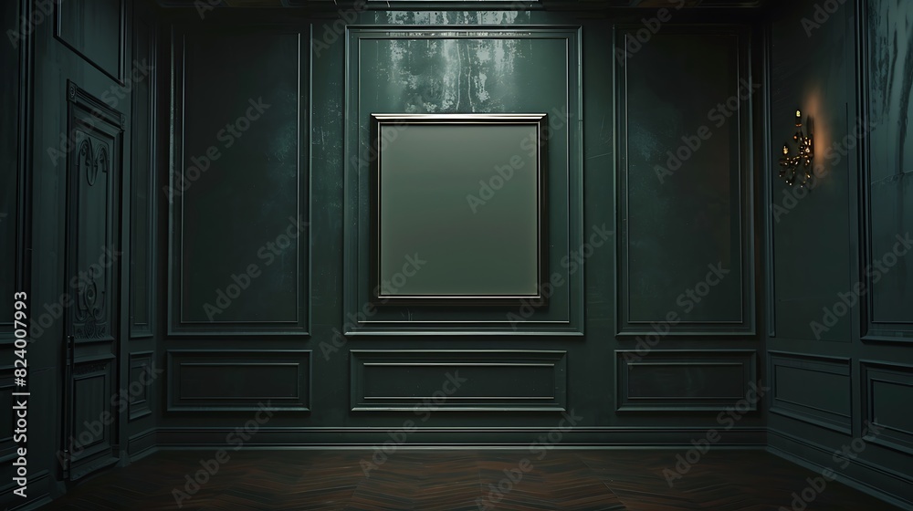 A mockup of a blank square photo frame hanging in the middle of wall with Gothic, dark, mysterious decoration in Room Captured in the style of architectural photography., A mockup of a blank square photo frame hanging in the middle of wall with Gothic, dark, mysterious decoration in Room Captured in the style of architectural photography.,