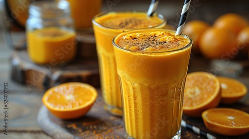  Two glasses of orange smoothie with oranges and juice on a table