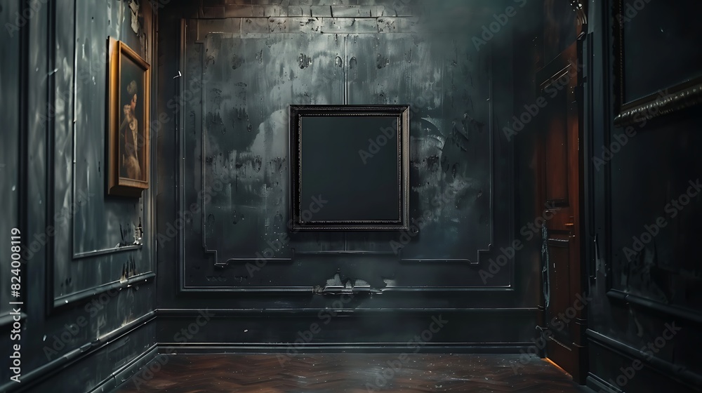 Fototapeta premium A mockup of a blank square photo frame hanging in the middle of wall with Gothic, dark, mysterious decoration in Room Captured in the style of architectural photography.,