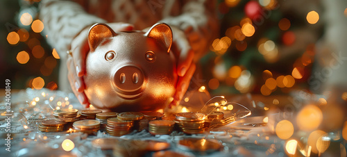 Hands holding piggy bank surrounded by coins, festive lights creating warm, golden symbolizing