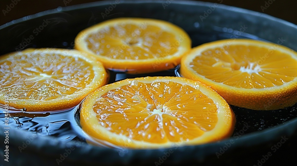 A cluster of oranges resting atop a metal basin brimming with water and orange wedges placed atop a table A cluster of oranges resting atop a metal basin brimming with water and orange wedges placed atop a table