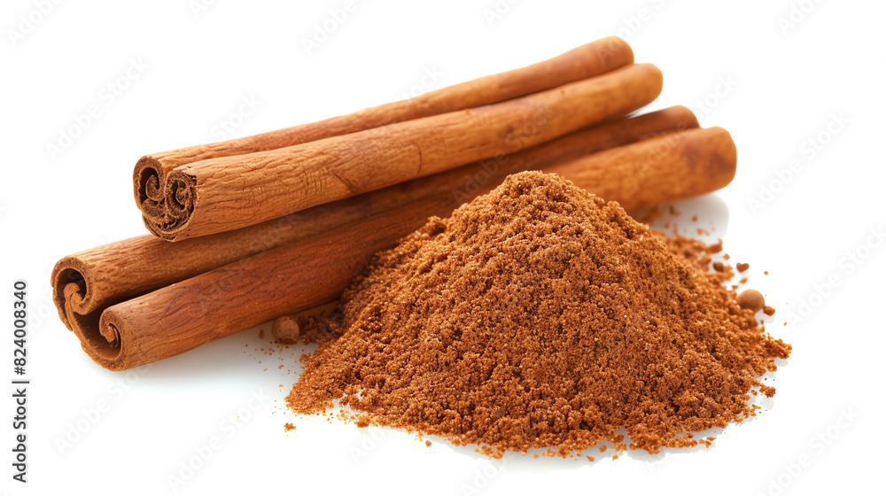 Close-Up of Cinnamon Sticks and Ground Cinnamon on White Background Close-Up of Cinnamon Sticks and Ground Cinnamon on White Background