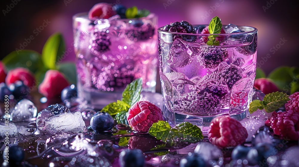 Two glasses of ice filled with raspberries sit alongside ice cubes and mint sprigs on a table Two glasses of ice filled with raspberries sit alongside ice cubes and mint sprigs on a table