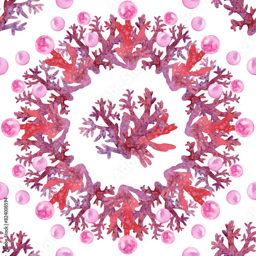 Marine seamless pattern red corals, shiny pink pearls frame wreath. Watercolor illustration Underwater background. Ocean nature. On white. Summer vibes, Sea bottom. For fabric, wrapping , wallpaper
